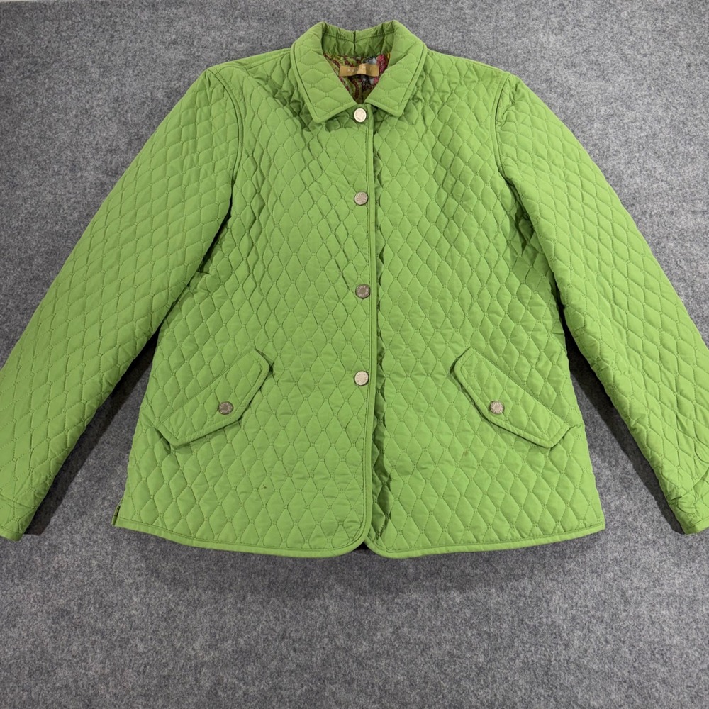 Kate Hill Petite Lime Green Quilted Jacket Paisley Lining Button Front PM